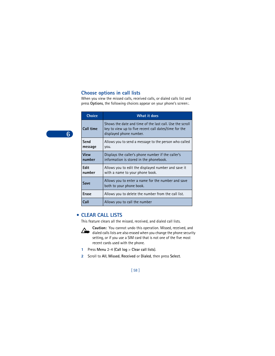 Choose options in call lists, Clear call lists, 1 press menu 2-4 (call log > clear call lists) | Nokia 6590 User Manual | Page 67 / 218
