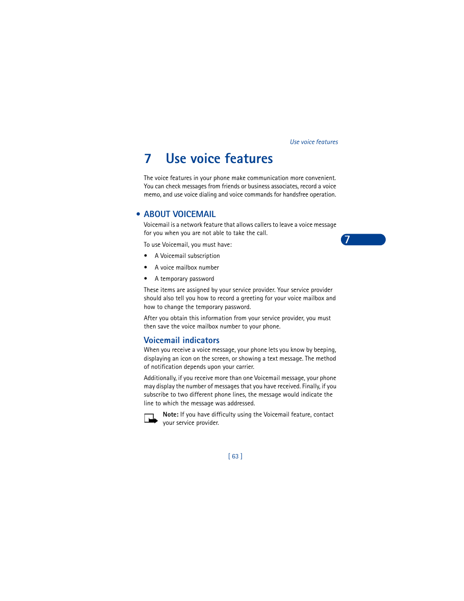 7 use voice features, About voicemail, Voicemail indicators | Use voice features, 7use voice features | Nokia 6590 User Manual | Page 72 / 218