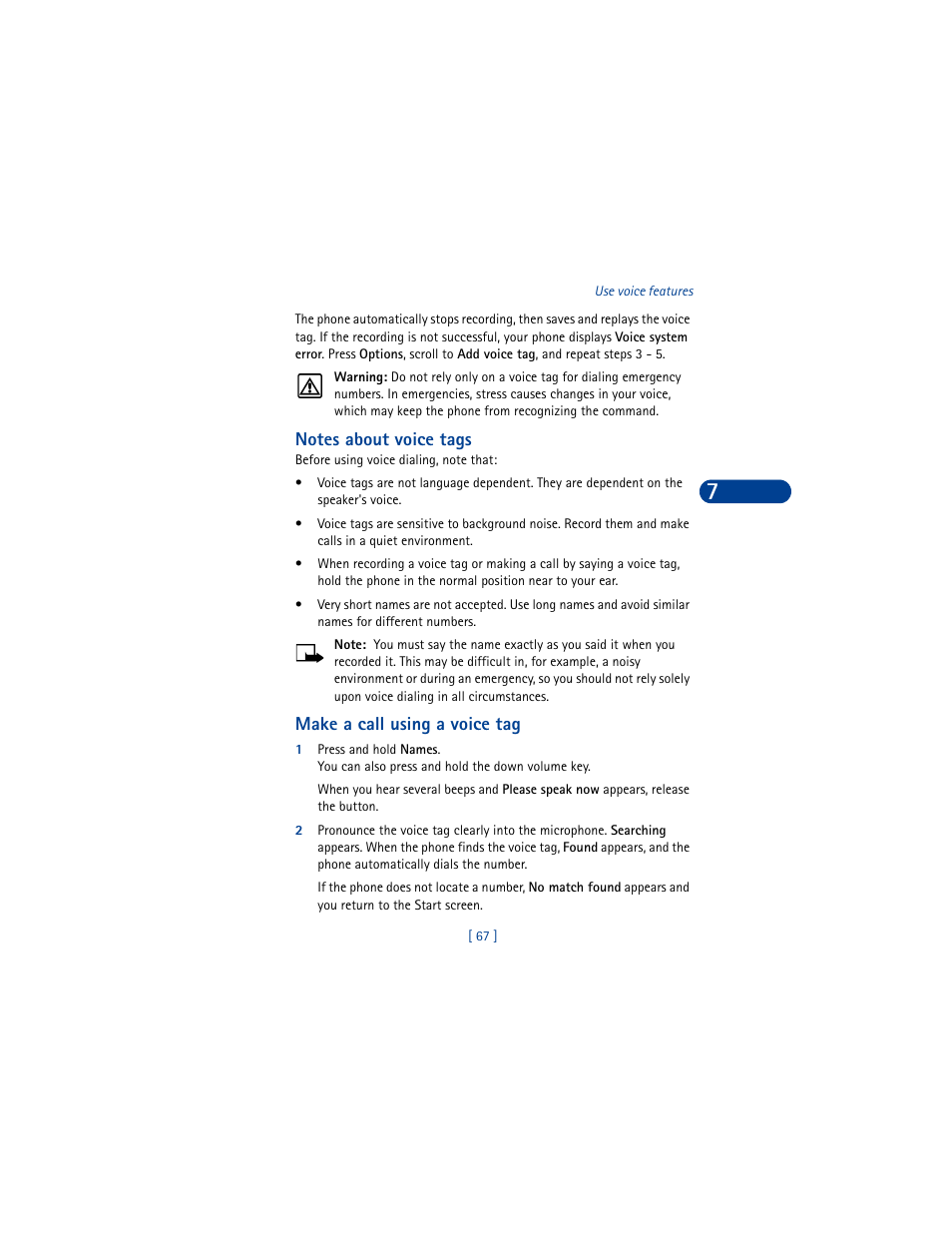 Notes about voice tags, Make a call using a voice tag | Nokia 6590 User Manual | Page 76 / 218