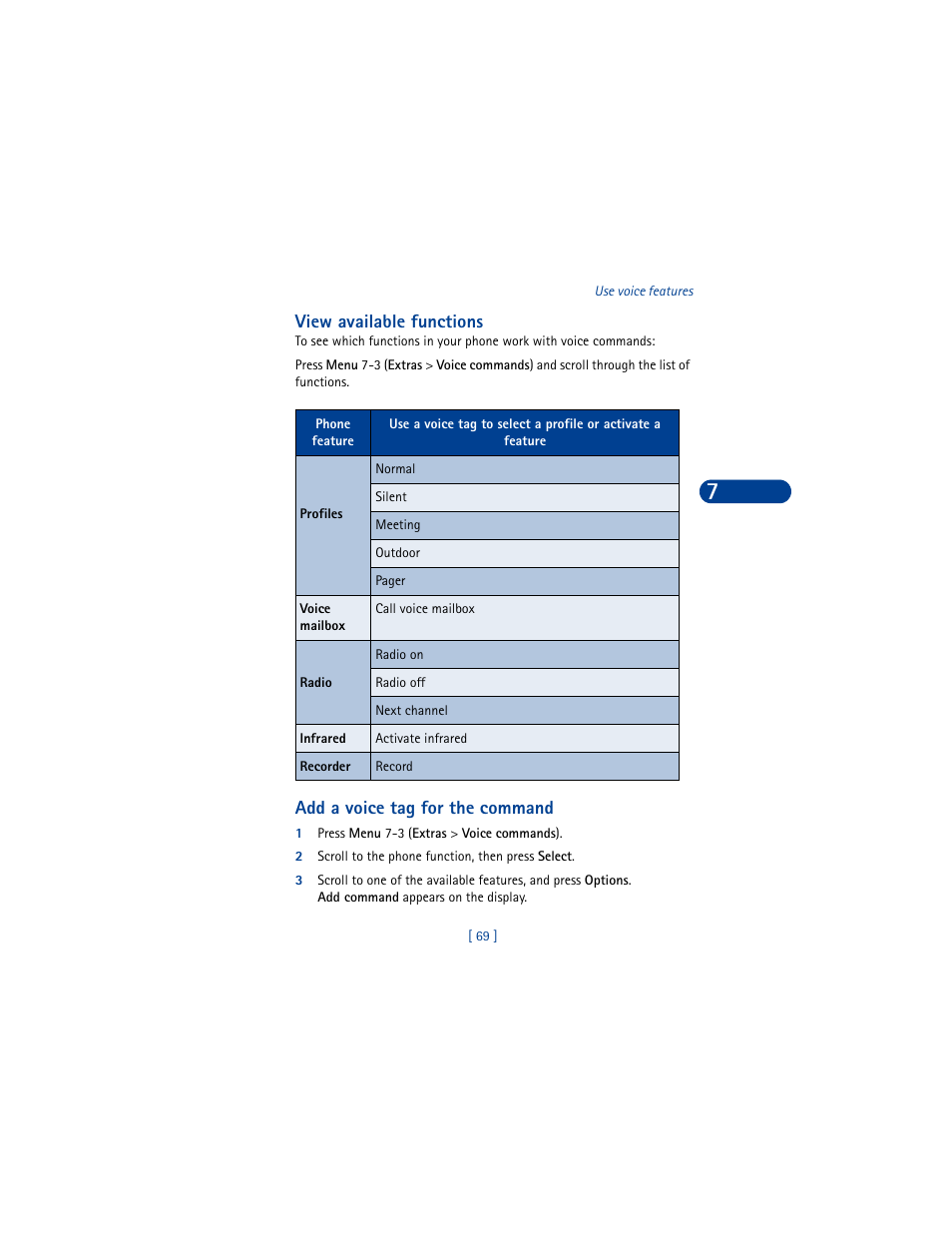 View available functions, Add a voice tag for the command, 1 press menu 7-3 (extras > voice commands) | 2 scroll to the phone function, then press select | Nokia 6590 User Manual | Page 78 / 218