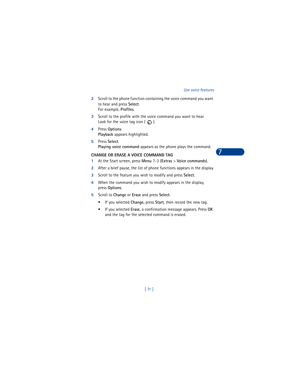 4 press options. playback appears highlighted, Change or erase a voice command tag, 5 scroll to change or erase and press select | Nokia 6590 User Manual | Page 80 / 218