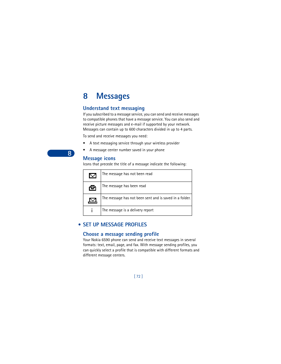 8 messages, Understand text messaging, Message icons | Set up message profiles, Choose a message sending profile, Messages, 8messages | Nokia 6590 User Manual | Page 81 / 218