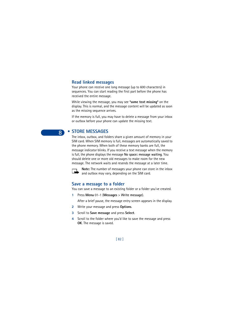 Read linked messages, Store messages, Save a message to a folder | 1 press menu 01-1 (messages > write message), 2 write your message and press options, 3 scroll to save message and press select | Nokia 6590 User Manual | Page 91 / 218