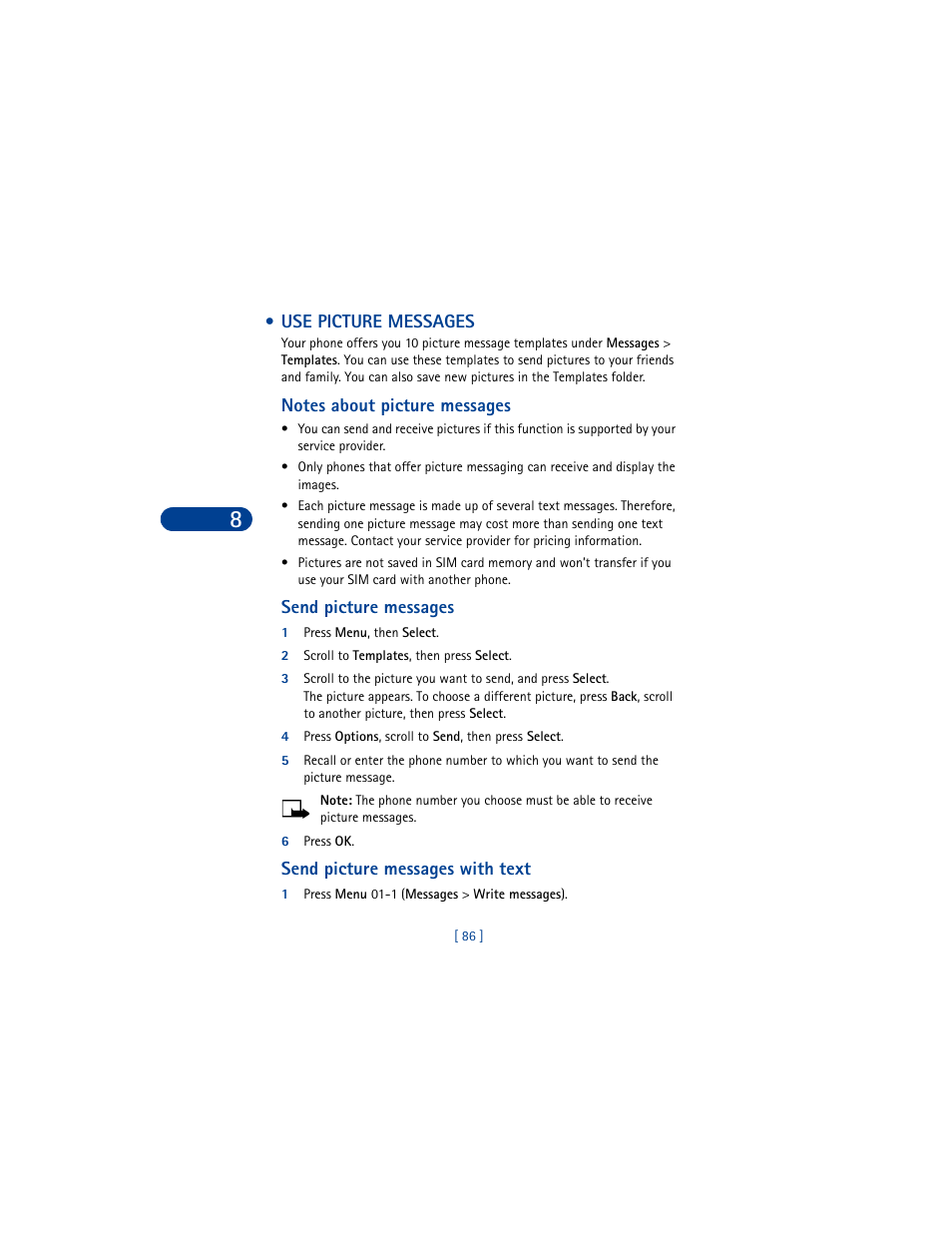 Use picture messages, Notes about picture messages, Send picture messages | 1 press menu, then select, 2 scroll to templates, then press select, 4 press options, scroll to send, then press select, 6 press ok, Send picture messages with text, 1 press menu 01-1 (messages > write messages) | Nokia 6590 User Manual | Page 95 / 218