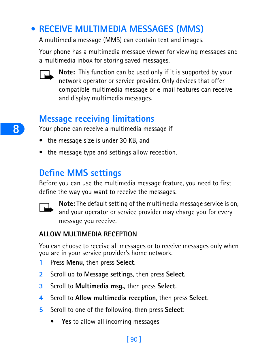 Receive multimedia messages (mms), Message receiving limitations, Define mms settings | Nokia 6590 User Manual | Page 99 / 218