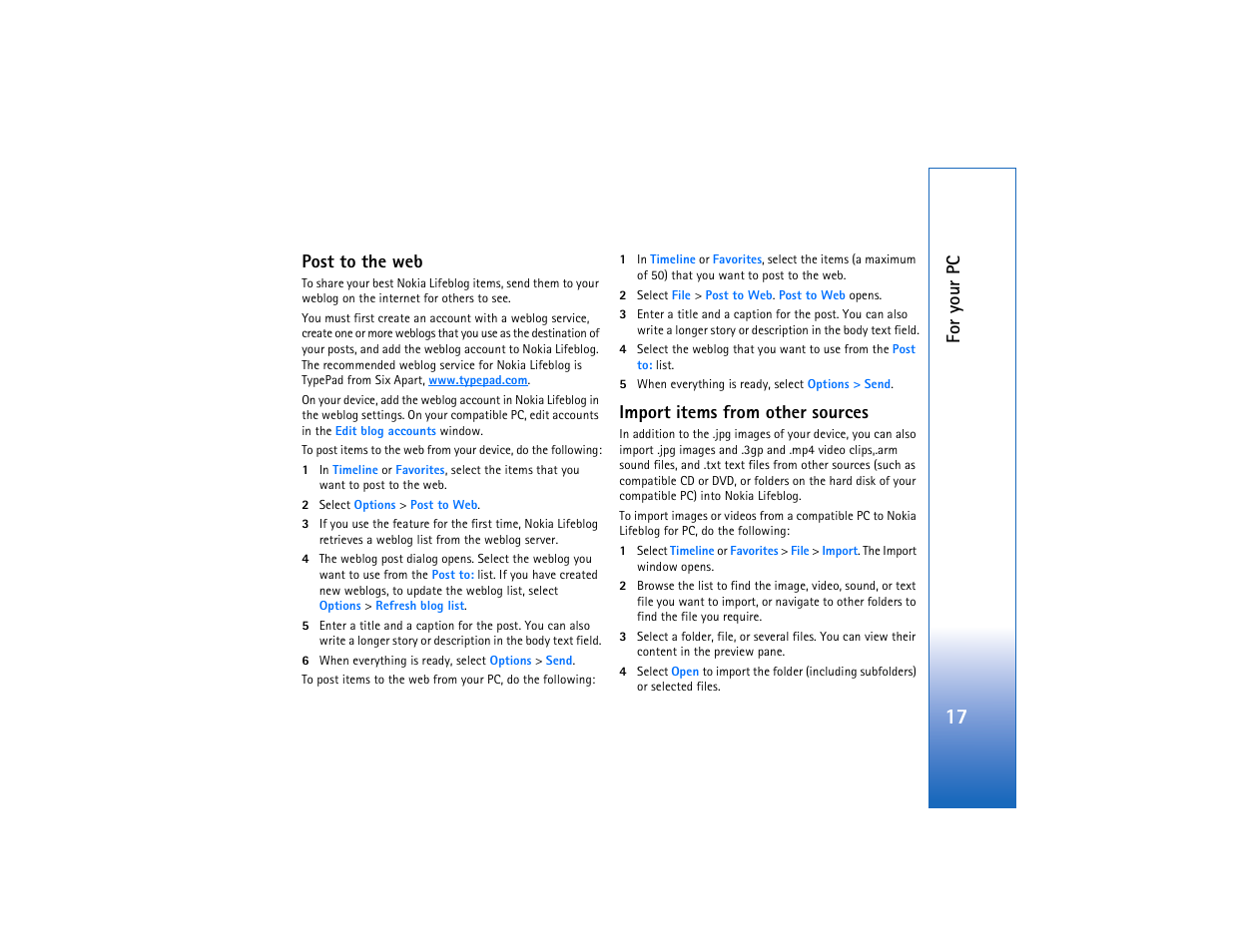 Post to the web, Import items from other sources | Nokia N93 User Manual | Page 18 / 25