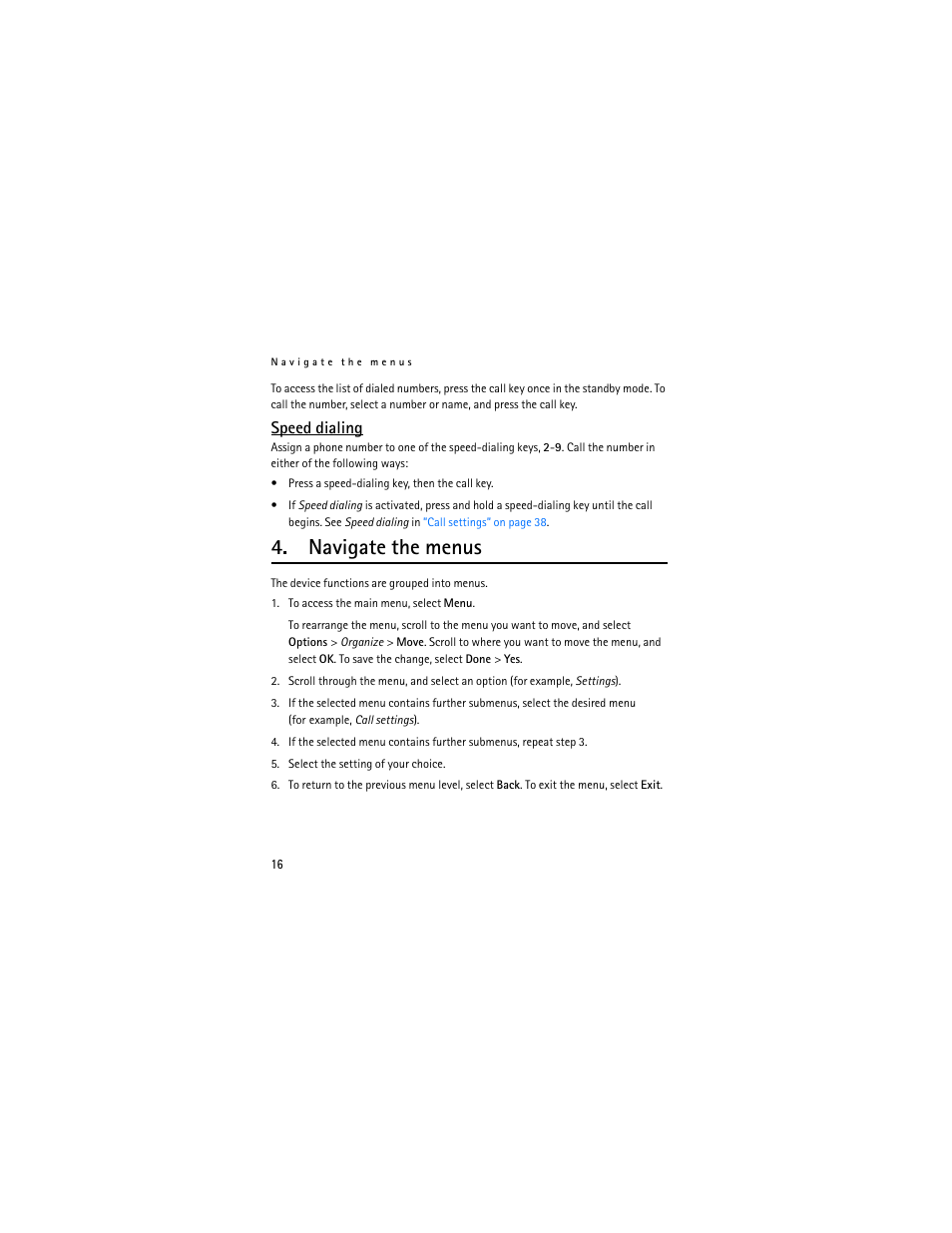 Speed dialing, Navigate the menus | Nokia 2660 User Manual | Page 16 / 112