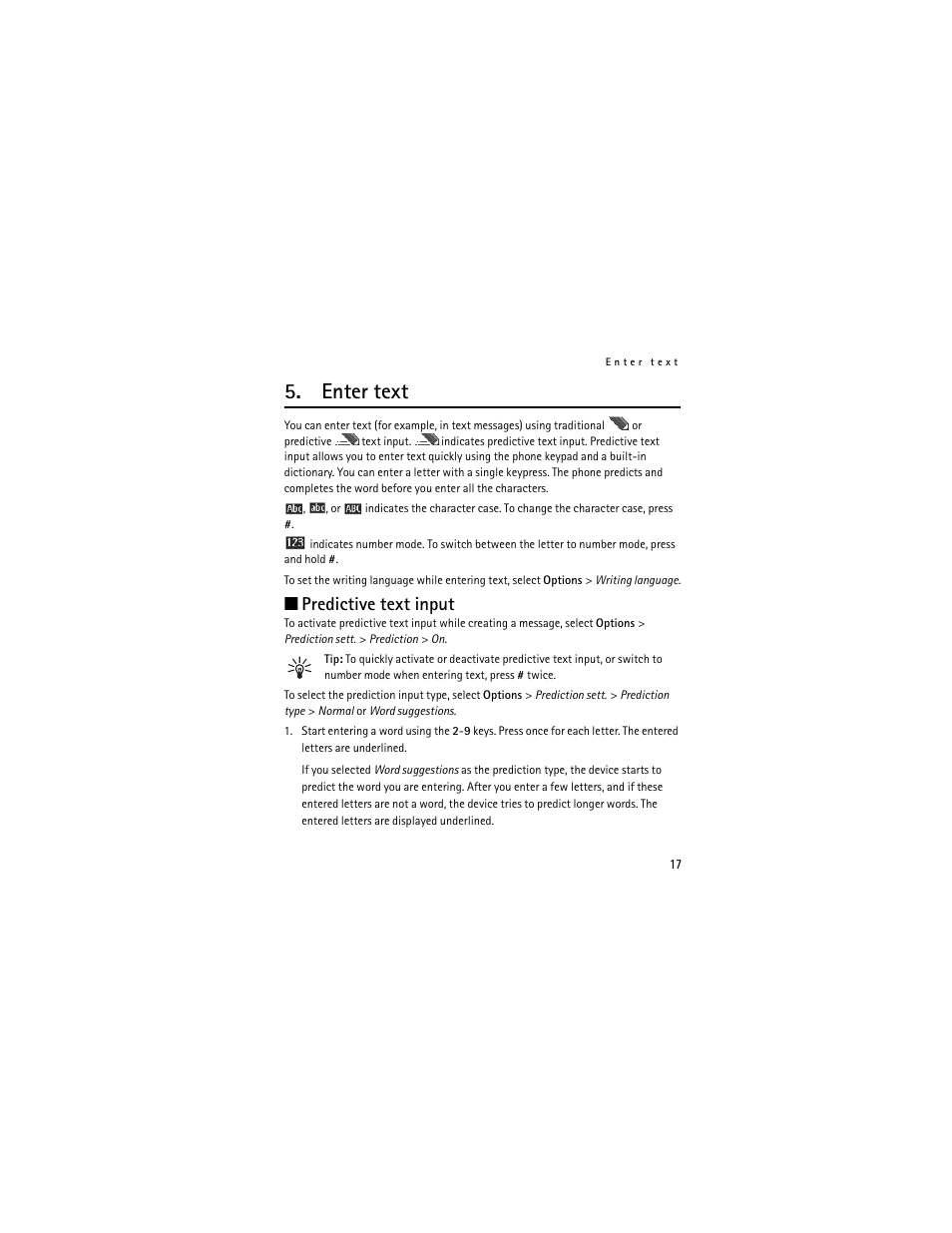 Enter text, Predictive text input | Nokia 2660 User Manual | Page 17 / 112