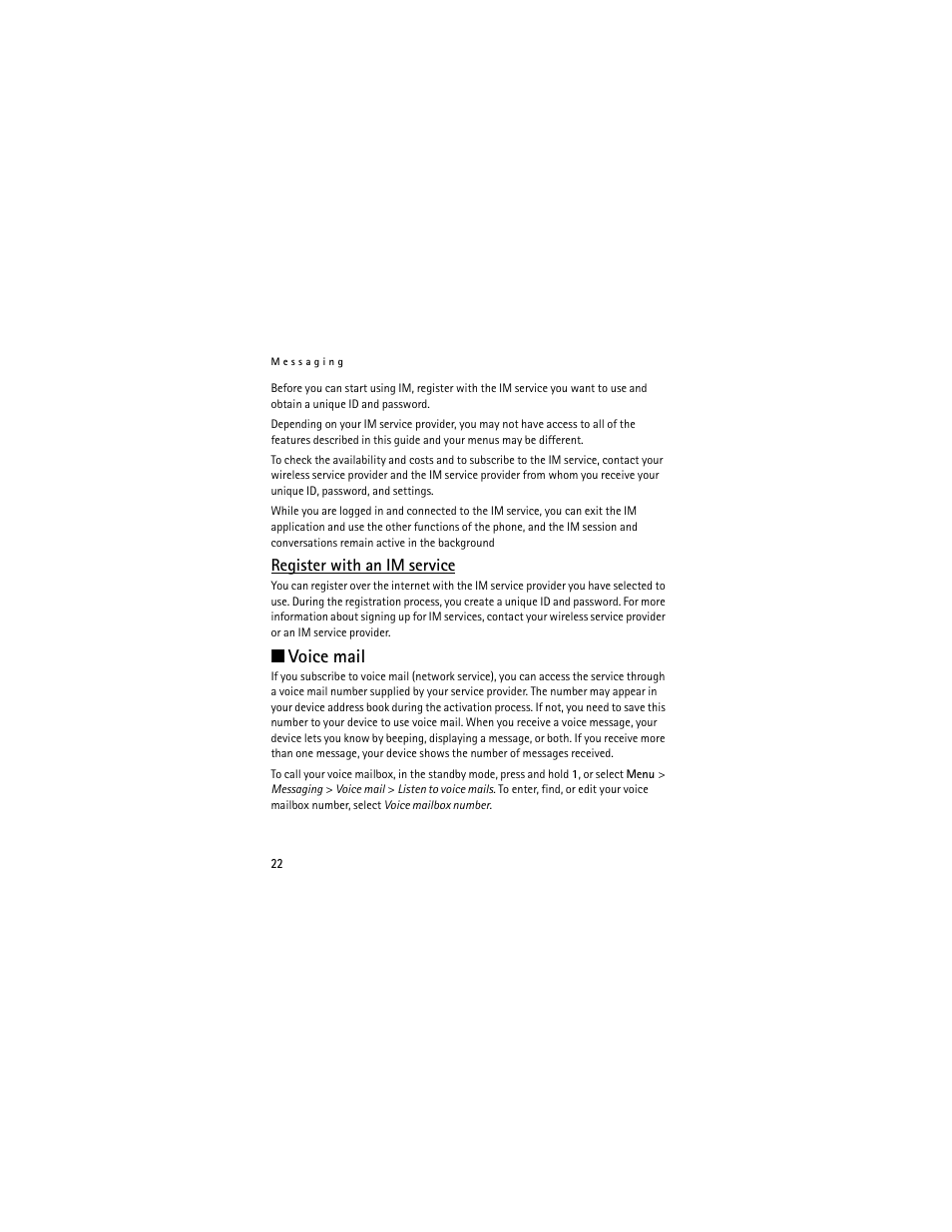 Register with an im service, Voice mail | Nokia 2660 User Manual | Page 22 / 112
