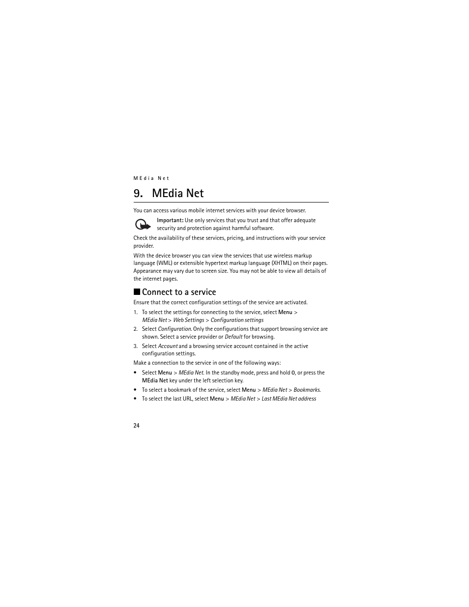 Media net, Connect to a service | Nokia 2660 User Manual | Page 24 / 112