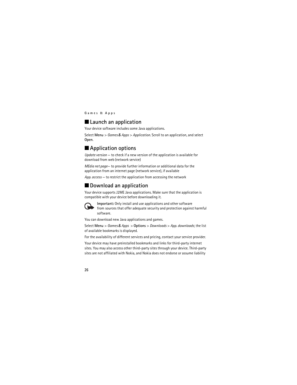 Launch an application, Application options, Download an application | Nokia 2660 User Manual | Page 26 / 112