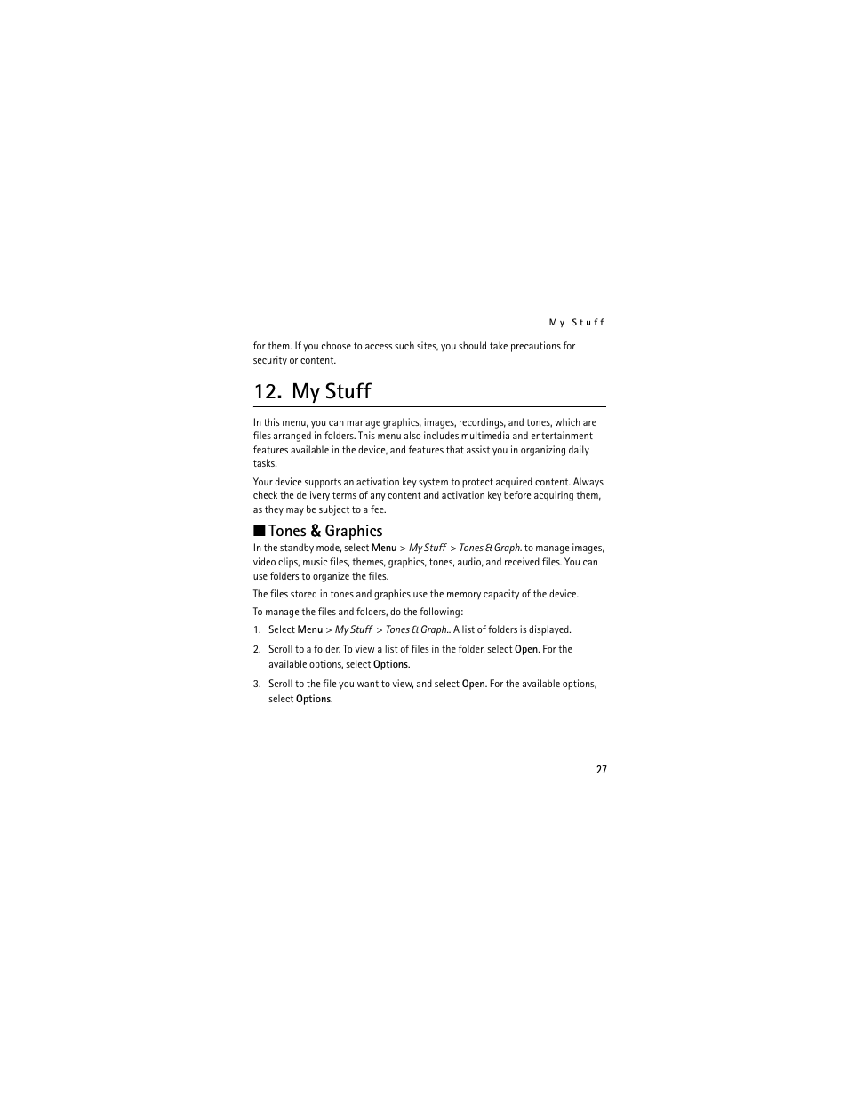 My stuff, Tones & graphics | Nokia 2660 User Manual | Page 27 / 112