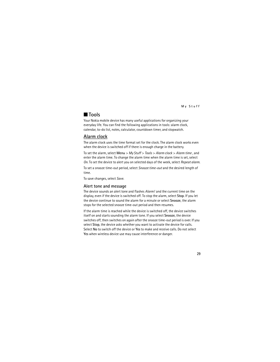 Tools, Alarm clock, Alert tone and message | Nokia 2660 User Manual | Page 29 / 112