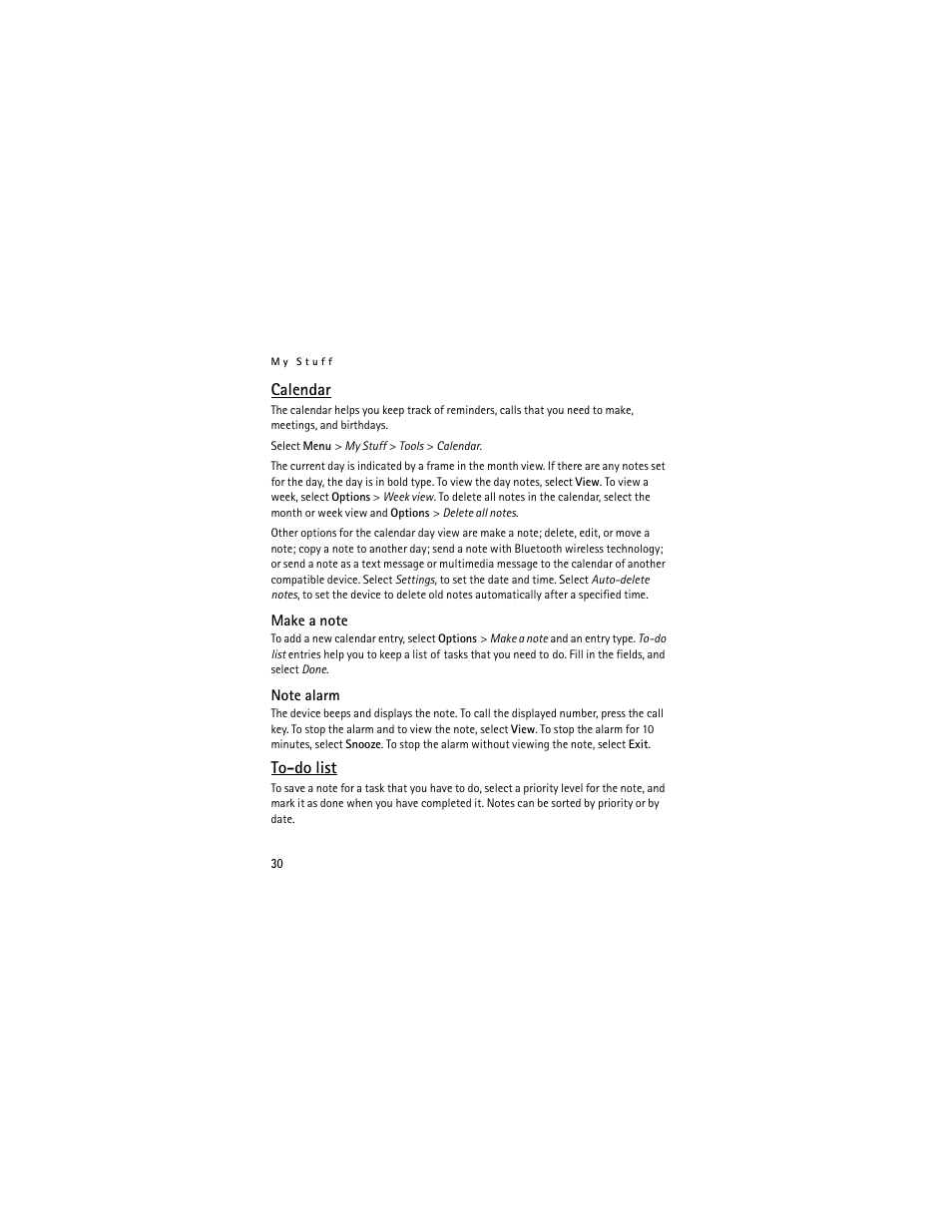 Calendar, Make a note, Note alarm | To-do list | Nokia 2660 User Manual | Page 30 / 112
