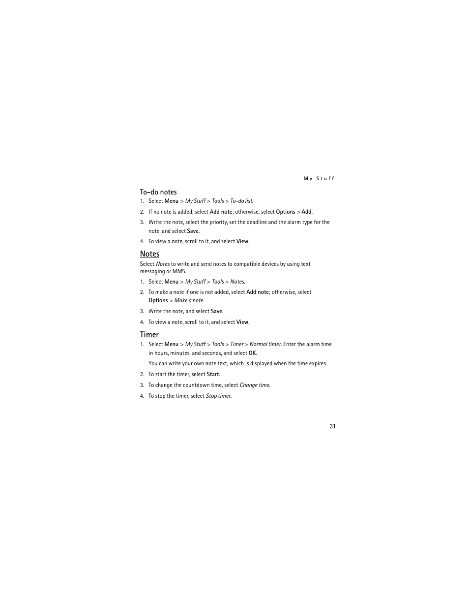 To-do notes, Notes, Timer | Nokia 2660 User Manual | Page 31 / 112
