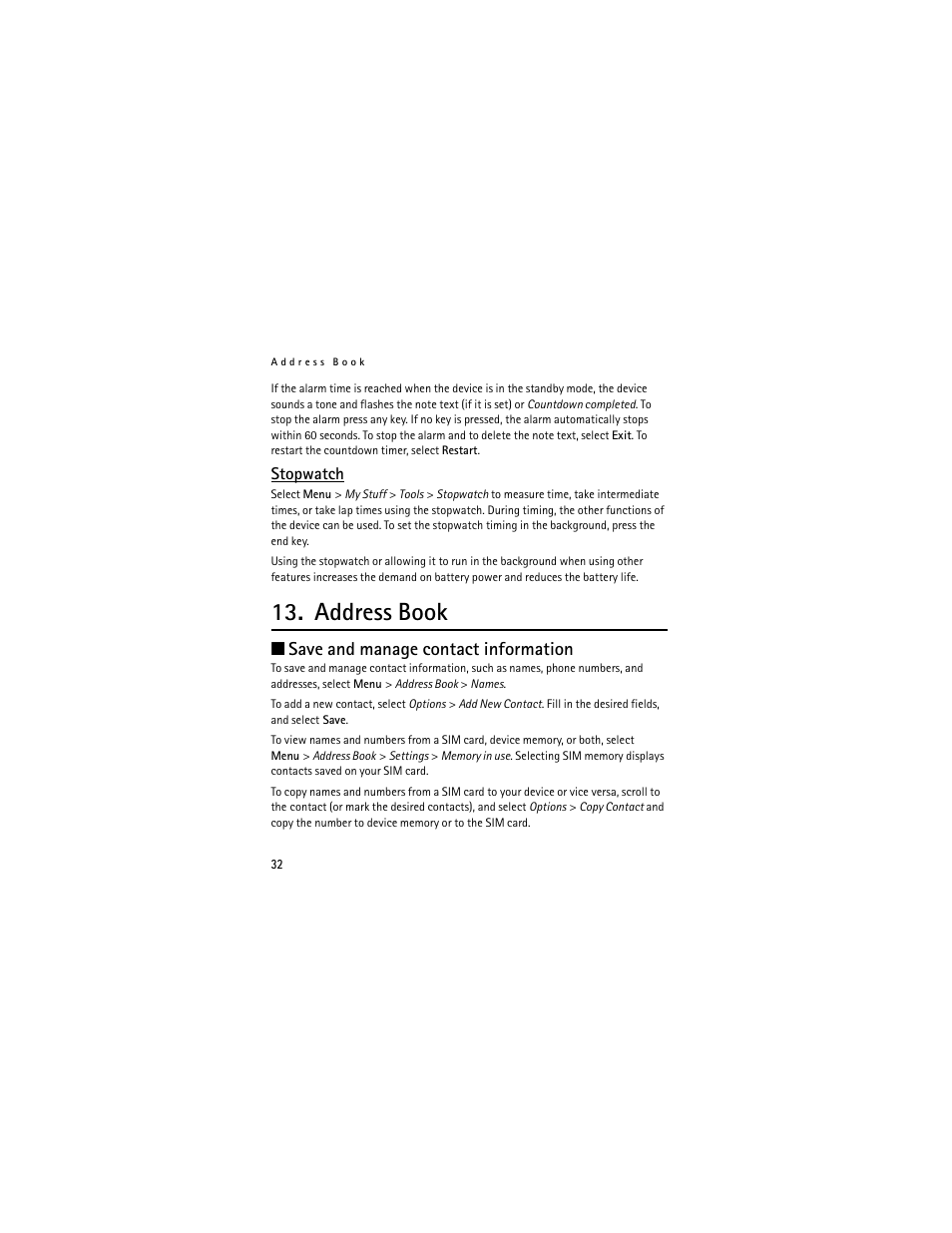 Stopwatch, Address book, Save and manage contact information | Nokia 2660 User Manual | Page 32 / 112