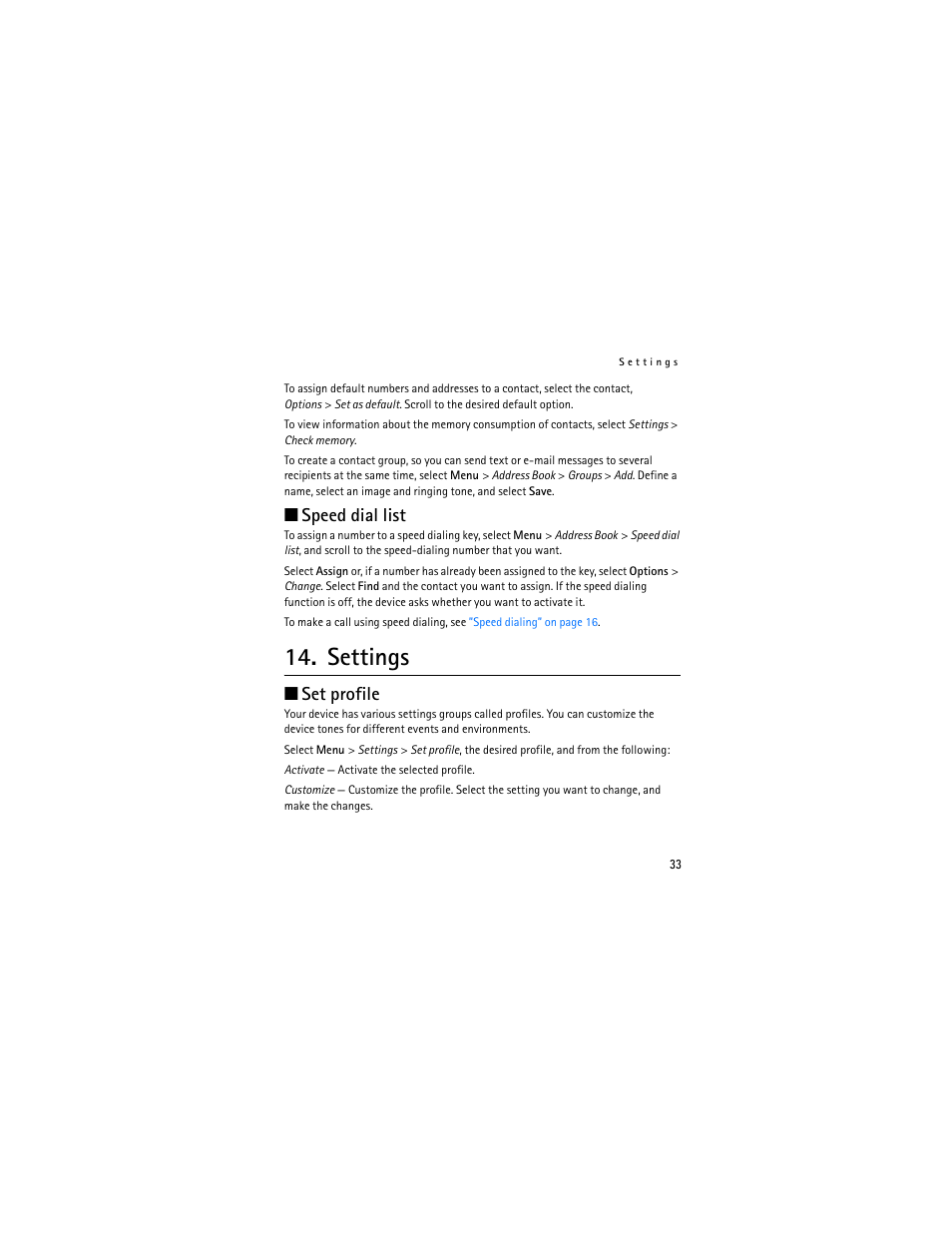 Speed dial list, Settings, Set profile | Nokia 2660 User Manual | Page 33 / 112