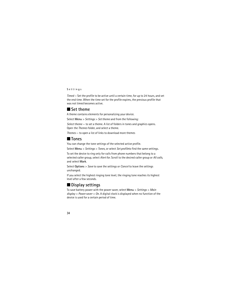Set theme, Tones, Display settings | Nokia 2660 User Manual | Page 34 / 112