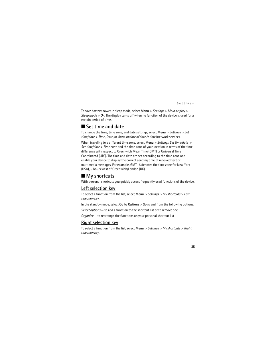 Set time and date, My shortcuts, Left selection key | Right selection key | Nokia 2660 User Manual | Page 35 / 112