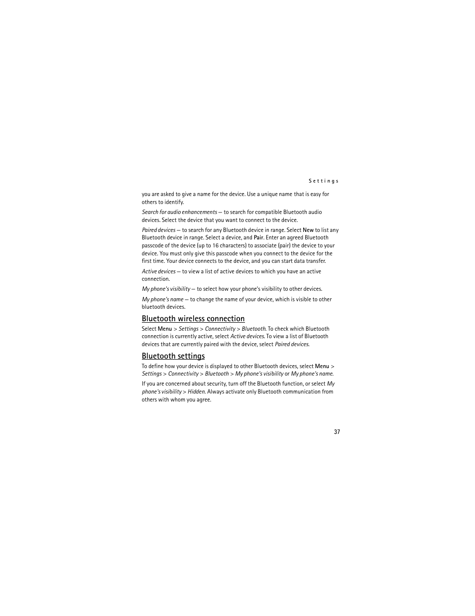 Bluetooth wireless connection, Bluetooth settings | Nokia 2660 User Manual | Page 37 / 112