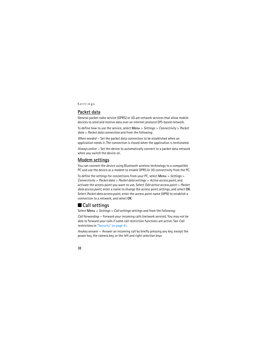 Packet data, Modem settings, Call | Call settings | Nokia 2660 User Manual | Page 38 / 112