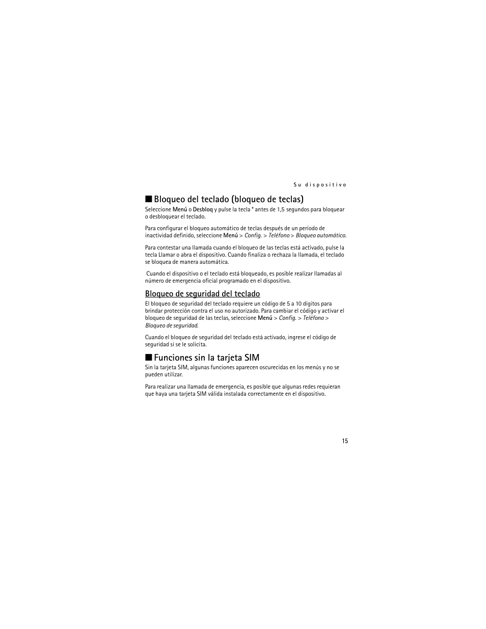 Bloqueo del teclado (bloqueo de teclas), Bloqueo de seguridad del teclado, Funciones sin la tarjeta sim | Nokia 2660 User Manual | Page 68 / 112
