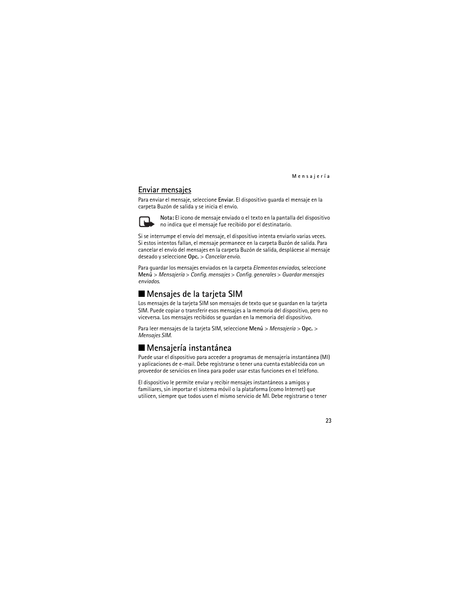Enviar mensajes, Mensajes de la tarjeta sim, Mensajería instantánea | Nokia 2660 User Manual | Page 76 / 112