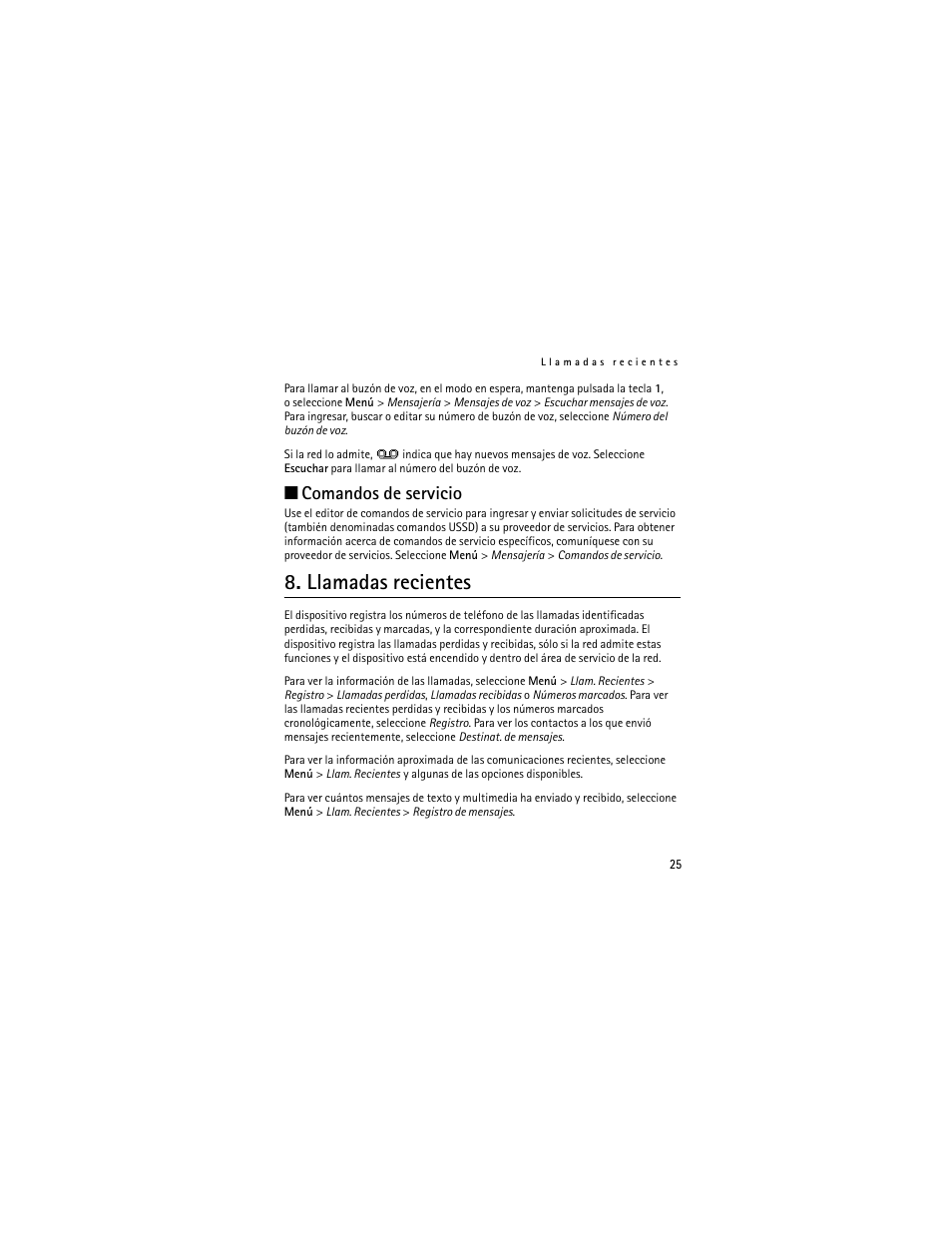 Comandos de servicio, Llamadas recientes | Nokia 2660 User Manual | Page 78 / 112