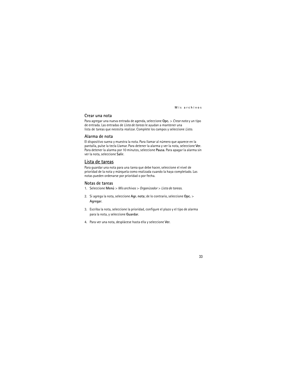 Crear una nota, Alarma de nota, Lista de tareas | Notas de tareas | Nokia 2660 User Manual | Page 86 / 112