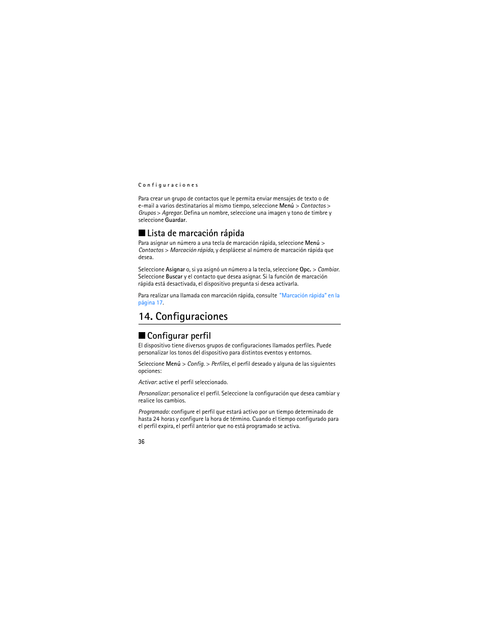 Lista de marcación rápida, Configuraciones, Configurar perfil | Nokia 2660 User Manual | Page 89 / 112