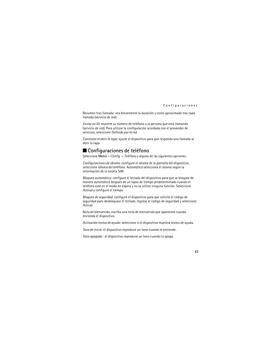 Configuraciones de, Configuraciones de teléfono | Nokia 2660 User Manual | Page 96 / 112