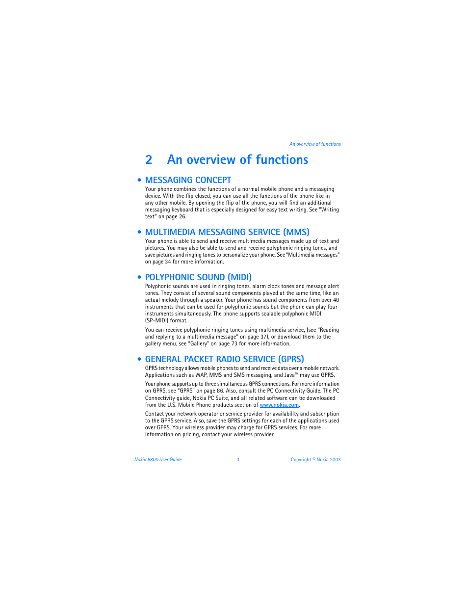 2 an overview of functions, Messaging concept, Multimedia messaging service (mms) | Polyphonic sound (midi), General packet radio service (gprs), An overview of functions, 2an overview of functions | Nokia 6800 User Manual | Page 10 / 153