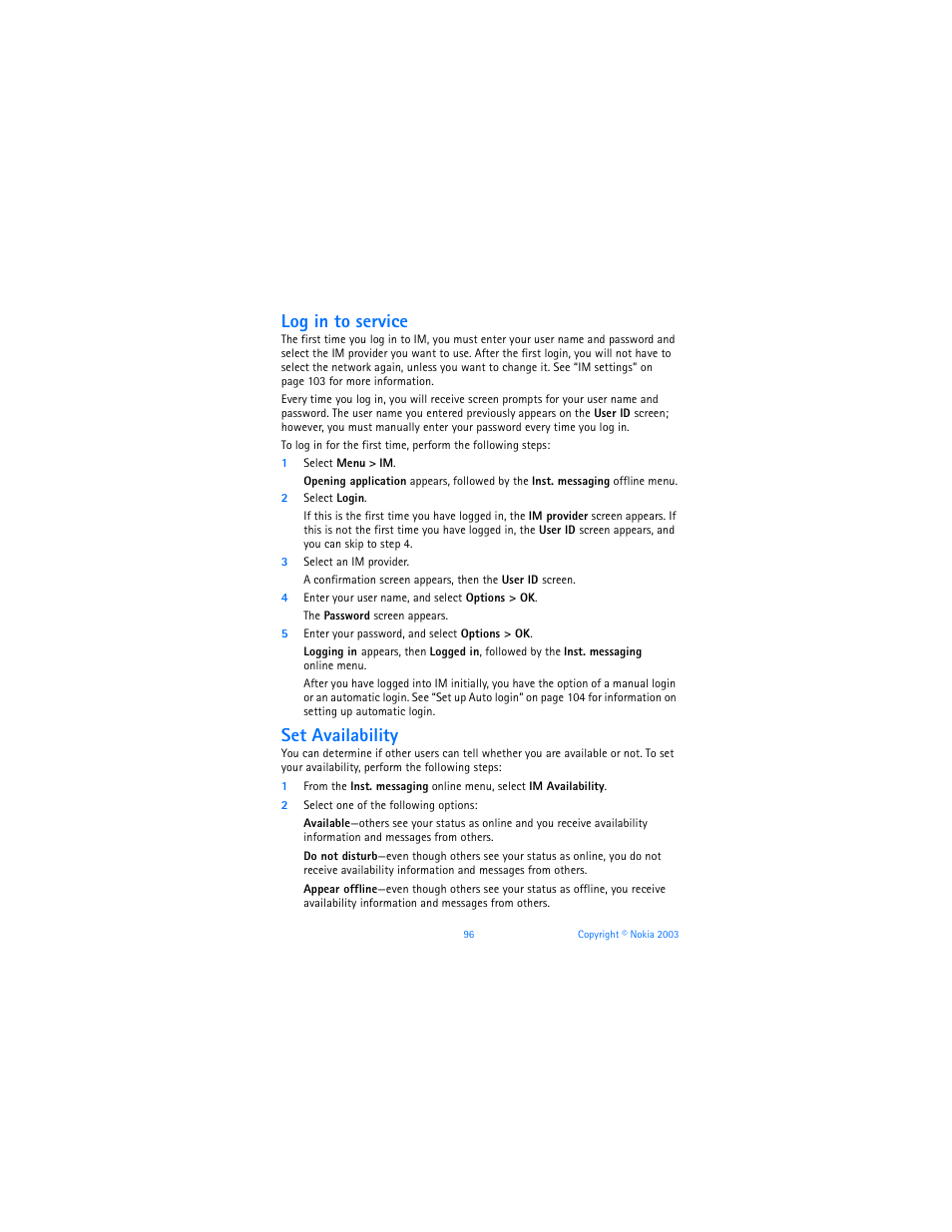 Log in to service, Set availability | Nokia 6800 User Manual | Page 103 / 153