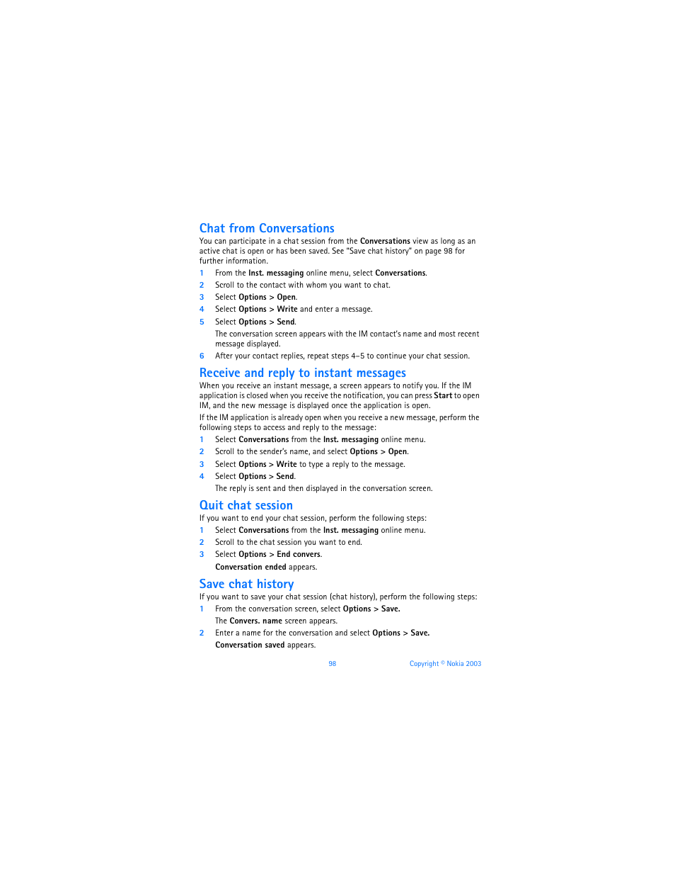 Chat from conversations, Receive and reply to instant messages, Quit chat session | Save chat history | Nokia 6800 User Manual | Page 105 / 153