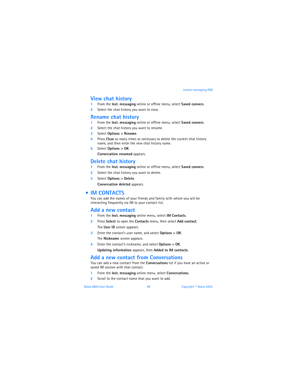 Im contacts, View chat history, Rename chat history | Delete chat history, Add a new contact, Add a new contact from conversations | Nokia 6800 User Manual | Page 106 / 153