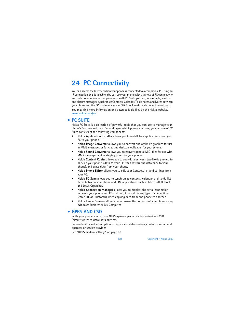 24 pc connectivity, Pc suite, Gprs and csd | Pc connectivity, Pc suite gprs and csd | Nokia 6800 User Manual | Page 115 / 153