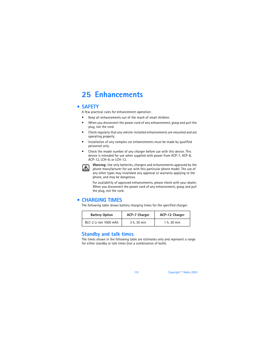 25 enhancements, Safety, Charging times | Enhancements, Safety charging times, Standby and talk times | Nokia 6800 User Manual | Page 117 / 153