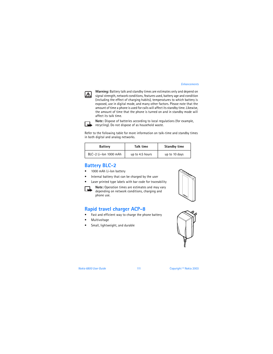 Battery blc-2, Rapid travel charger acp-8 | Nokia 6800 User Manual | Page 118 / 153