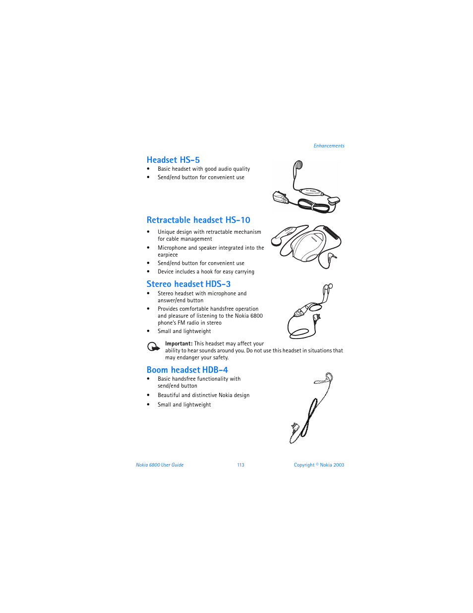 Headset hs-5, Retractable headset hs-10, Stereo headset | Hds-3, Boom headset, Hdb-4 | Nokia 6800 User Manual | Page 120 / 153