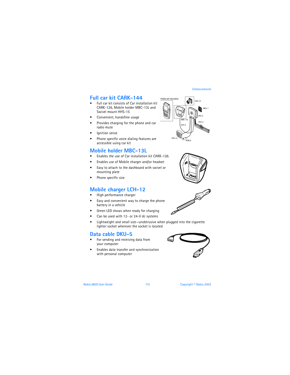 Full car kit cark-144, Mobile holder mbc-13l, Mobile charger lch-12 | Data cable dku-5 | Nokia 6800 User Manual | Page 122 / 153