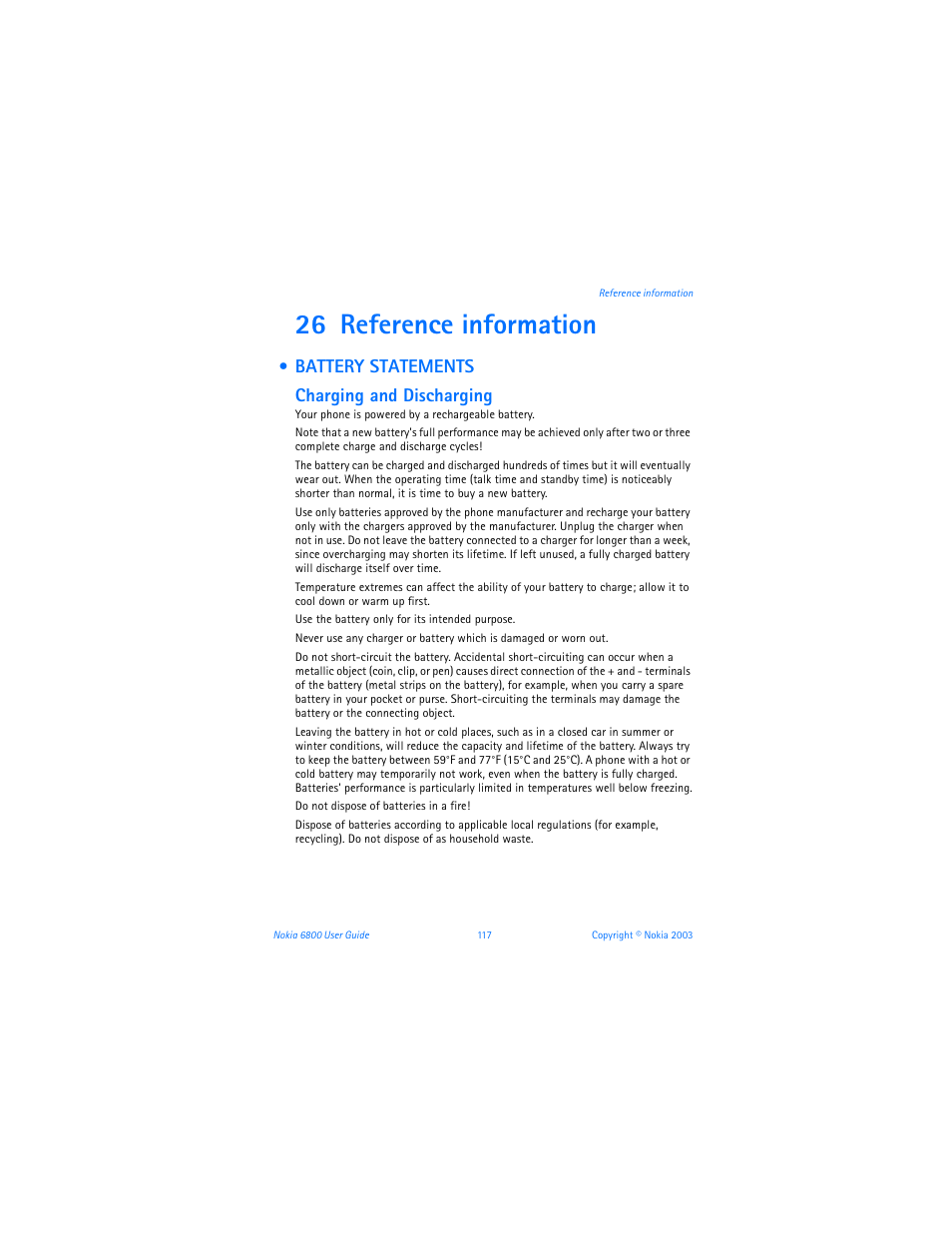 26 reference information, Battery statements, Reference information | Battery statements charging and discharging | Nokia 6800 User Manual | Page 124 / 153