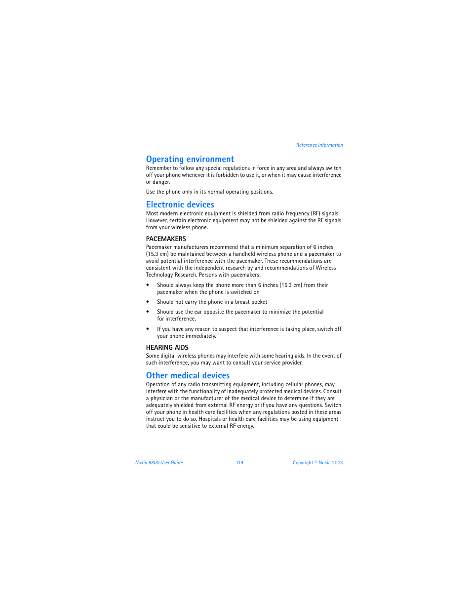 Operating environment, Electronic devices, Other medical devices | Nokia 6800 User Manual | Page 126 / 153