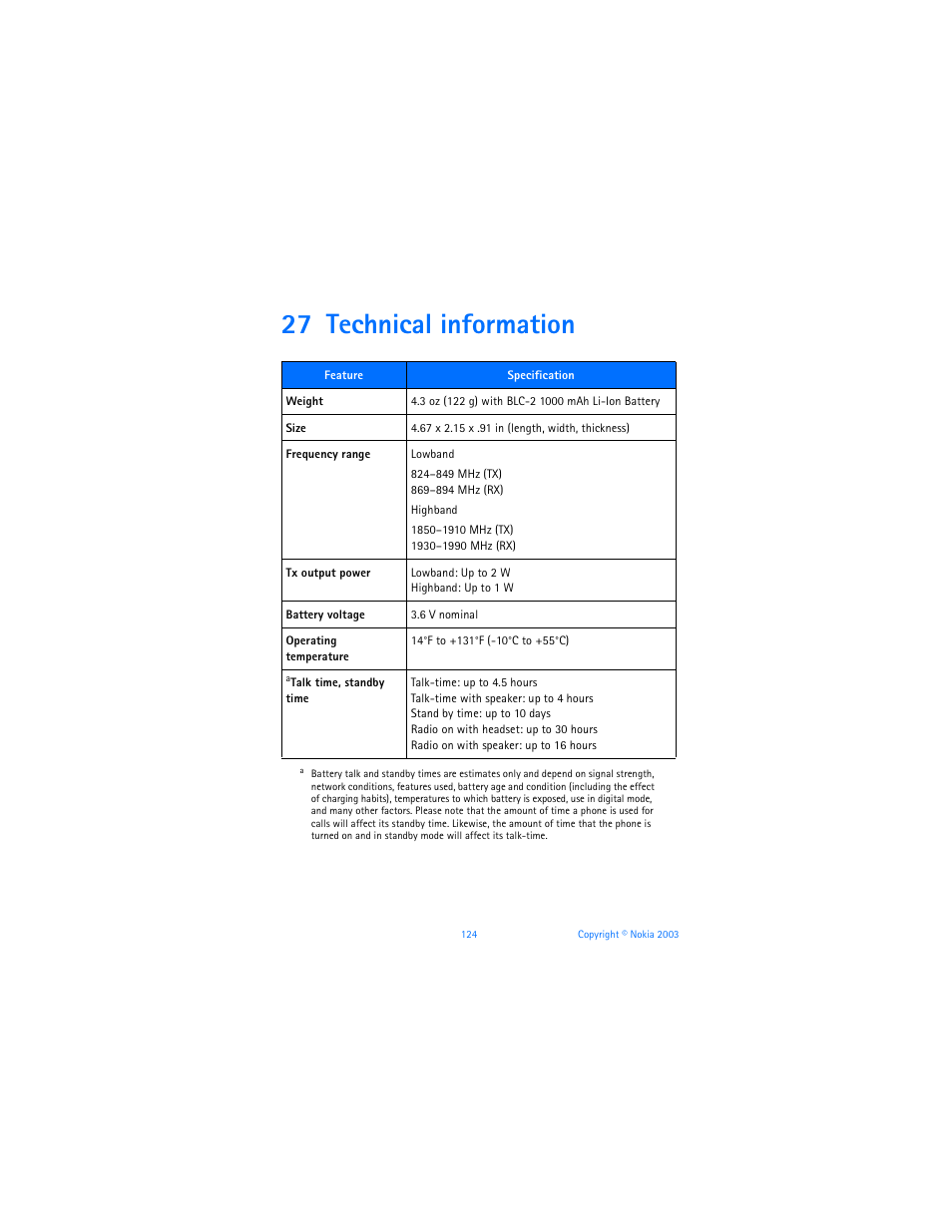 27 technical information, Technical information | Nokia 6800 User Manual | Page 131 / 153