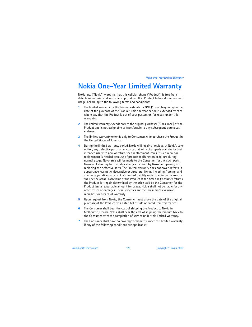 Nokia one-year limited warranty | Nokia 6800 User Manual | Page 132 / 153