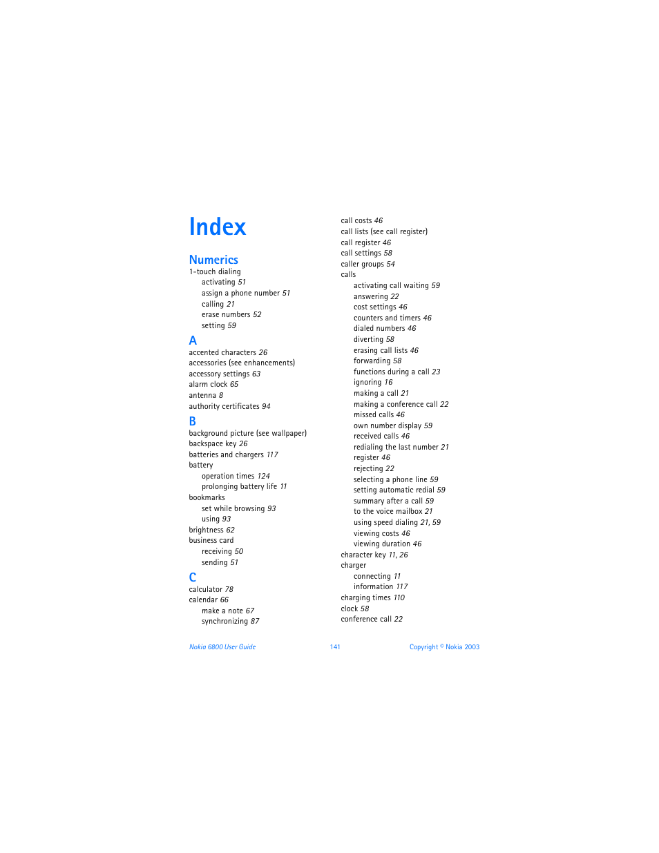 Index, Numerics | Nokia 6800 User Manual | Page 148 / 153