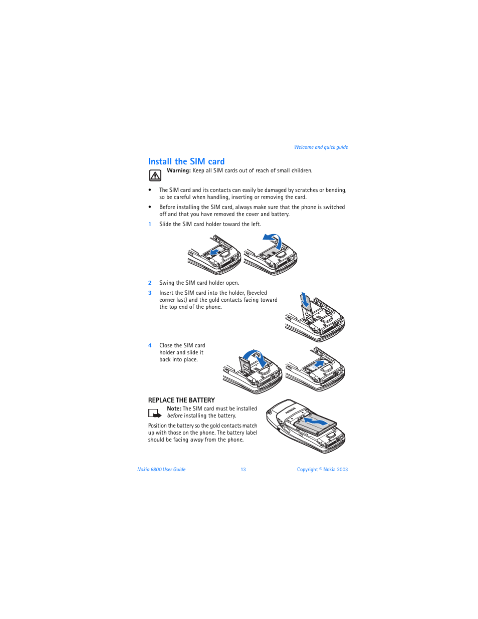 Install the sim card | Nokia 6800 User Manual | Page 20 / 153