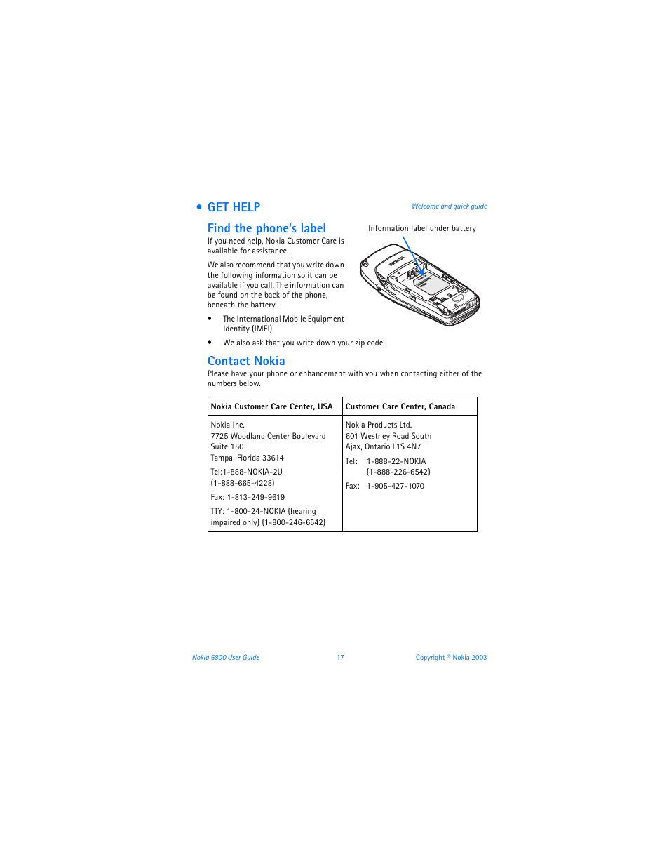 Get help, Get help find the phone’s label, Contact nokia | Nokia 6800 User Manual | Page 24 / 153