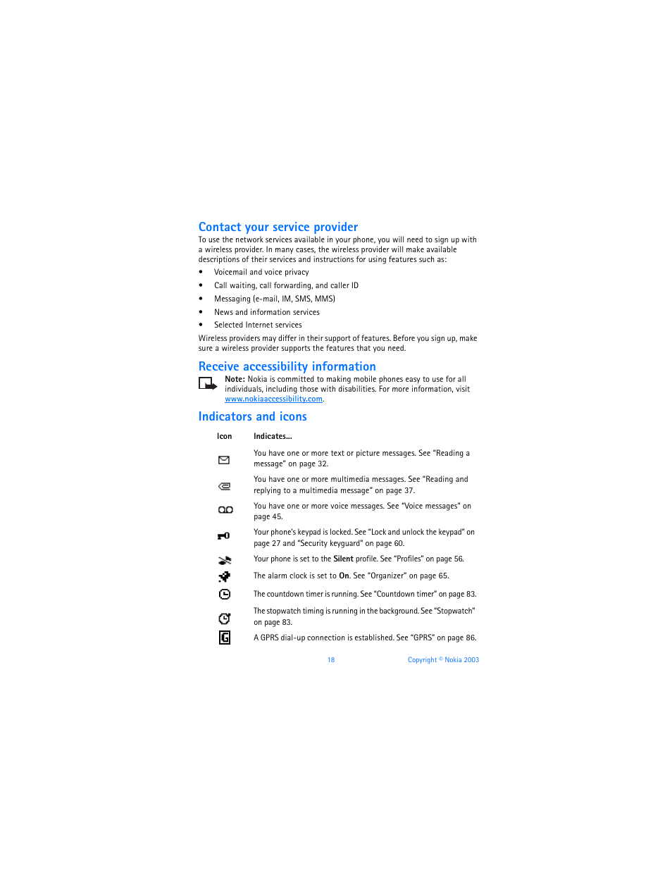 Contact your service provider, Receive accessibility information, Indicators and icons | Nokia 6800 User Manual | Page 25 / 153