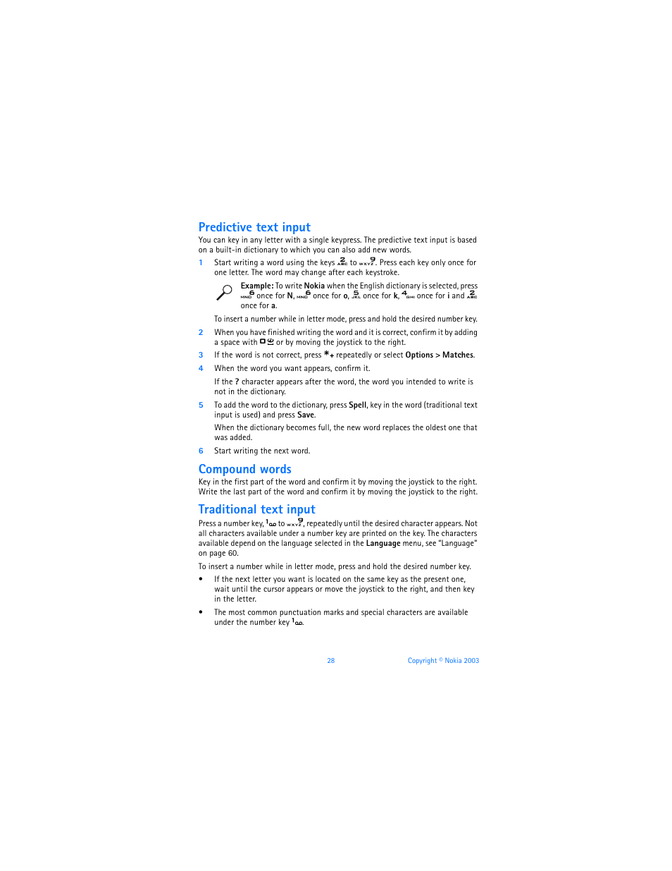 Predictive text input, Compound words, Traditional text input | Nokia 6800 User Manual | Page 35 / 153