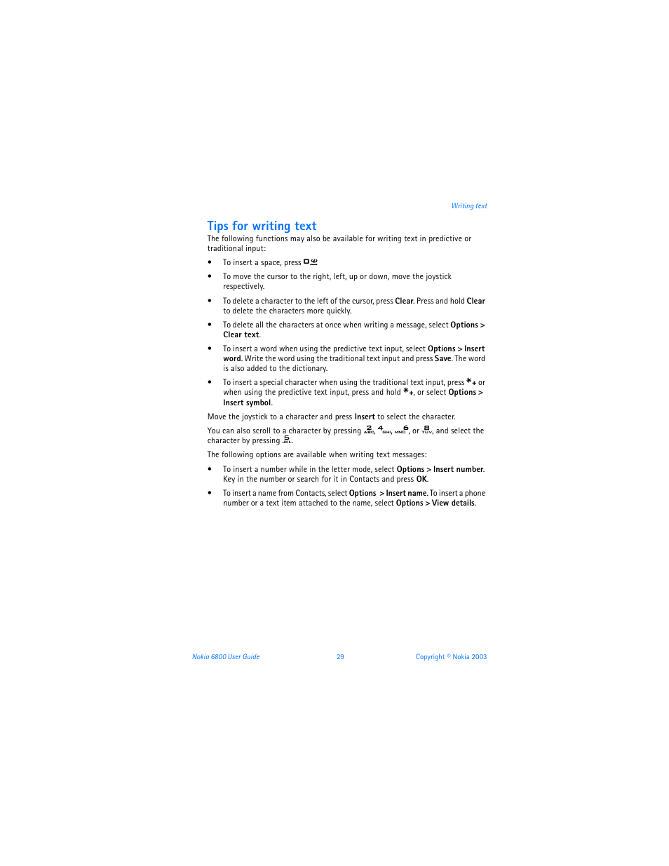 Tips for writing text | Nokia 6800 User Manual | Page 36 / 153